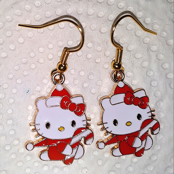 Hello Kitty Winter Holiday Candy Cane Earrings.Red Whte Gold Enamel Earw… - Picture 1 of 7